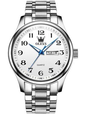 Men's Silver White Stainless Steel Analog Quartz Classic Waterproof Round Watch